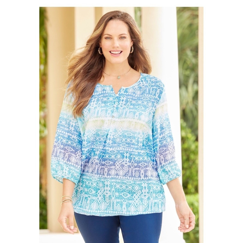 Catherines Santa Fe Top Blouse Plus Size 2X? Tribal Peasant Ombre Lightweight